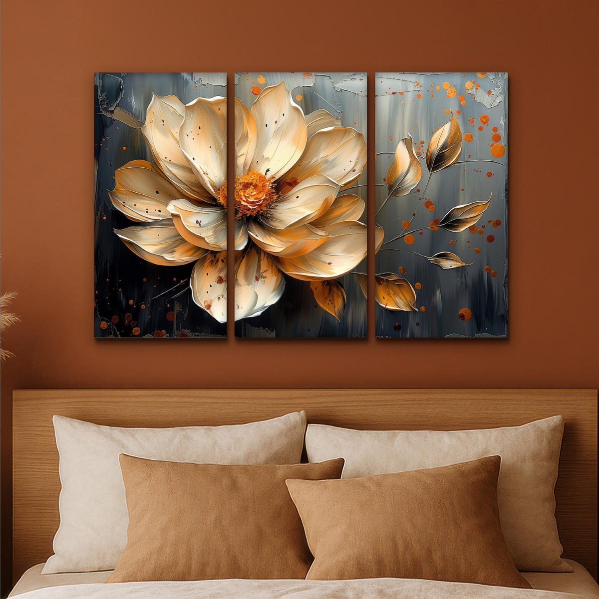 LEINWANDBILD 3er Set Blume - Gold - Abstrakt - Farbe 90x60 cm - Creme, Textil (90/60cm) - MuchoWow