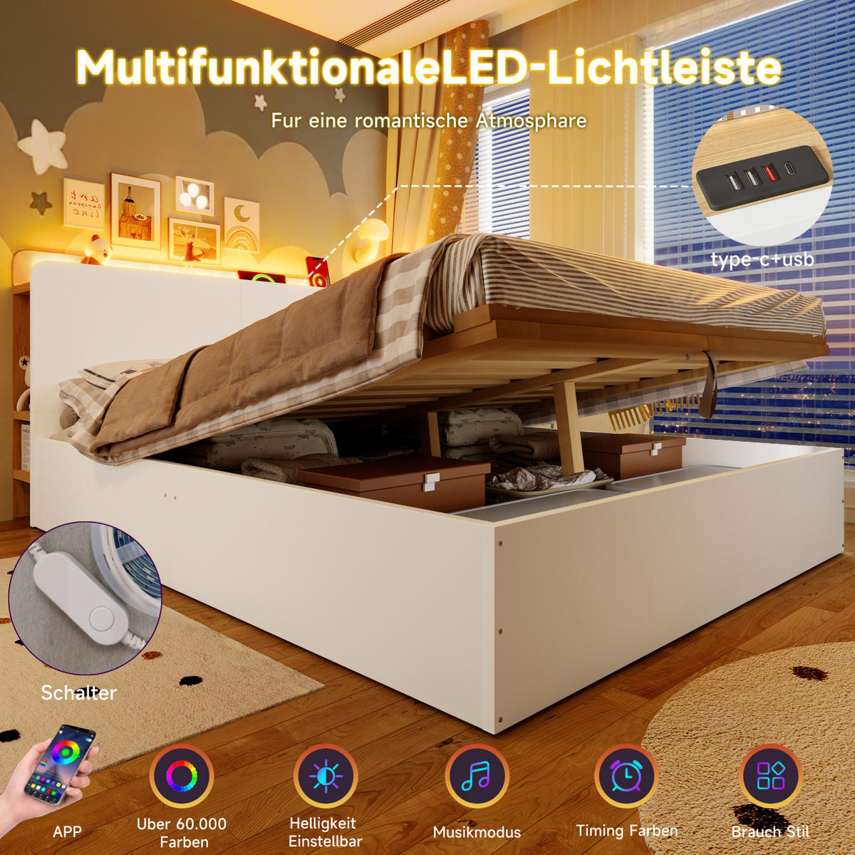 PANEELBETT 140/200 cm mit hydraulischem Stauraum, LED, USB-C und Kopfteilregal aus Kiefernholz, Weiß/Natur - Weiß, Holz (140/200cm) - Redom