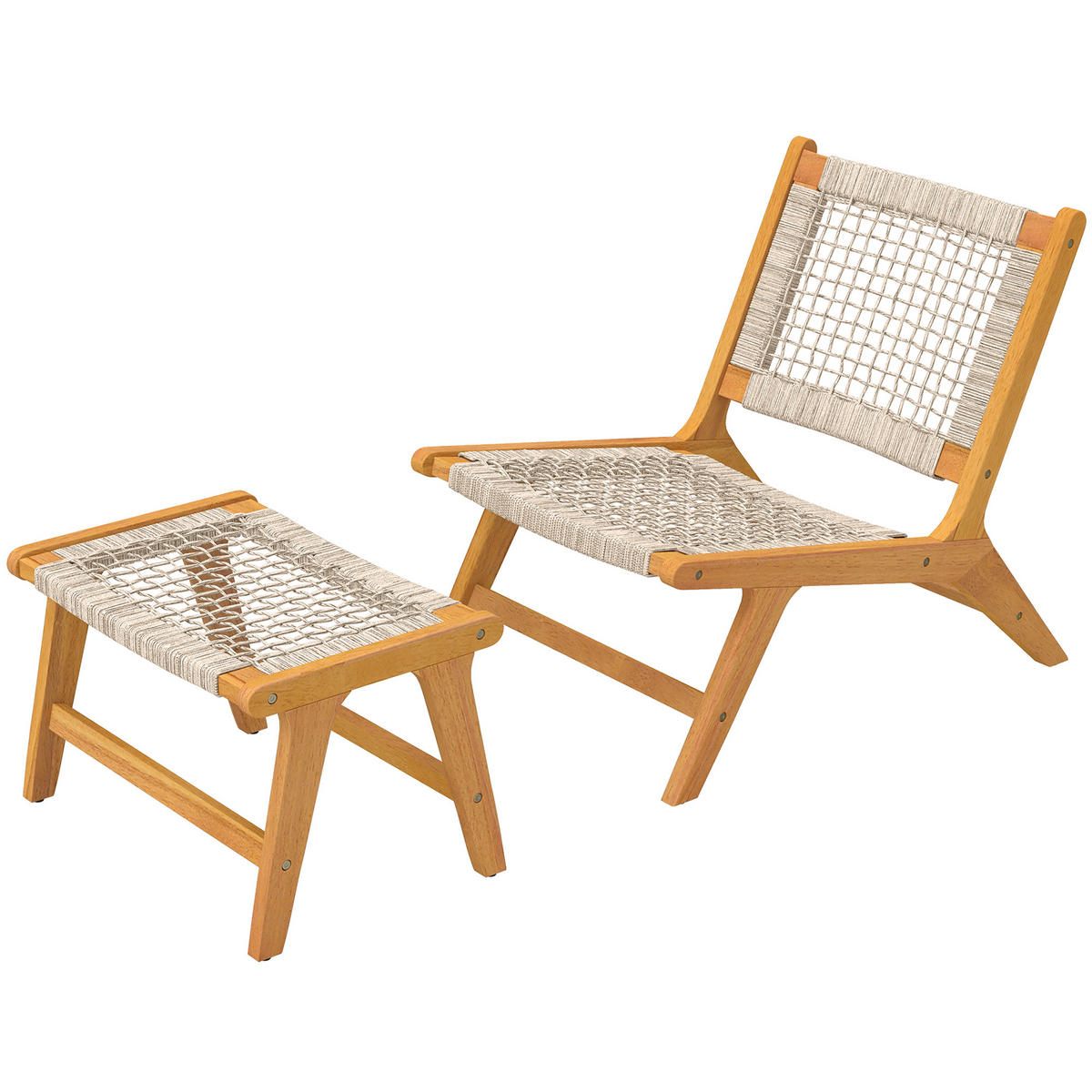 SESSEL-SET DE-07599 2-teilig, mit Fußhocker aus Akazienholz und Rattan-Sitz Natur - Beige, Holz/Kunststoff (60/73.5/83cm) - ComfortXL