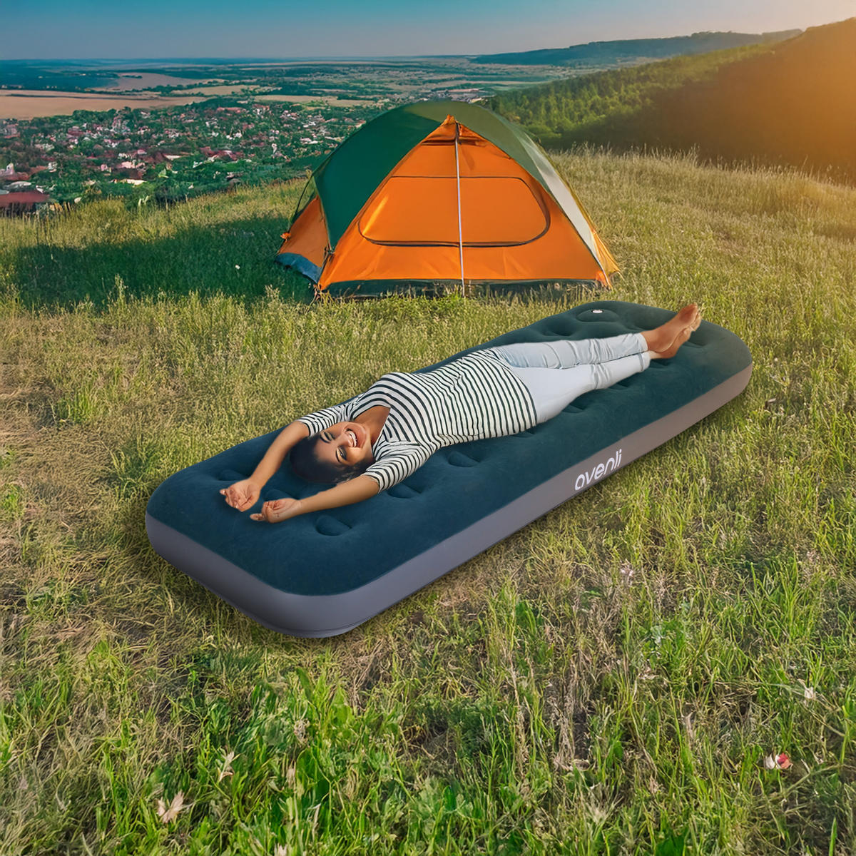 LUFTBETT Luftmatratze Camping 1 Person 191x73x22cm blau aufblasbar mit Fußpumpe - Blau, Kunststoff (73/191cm) - Avenli