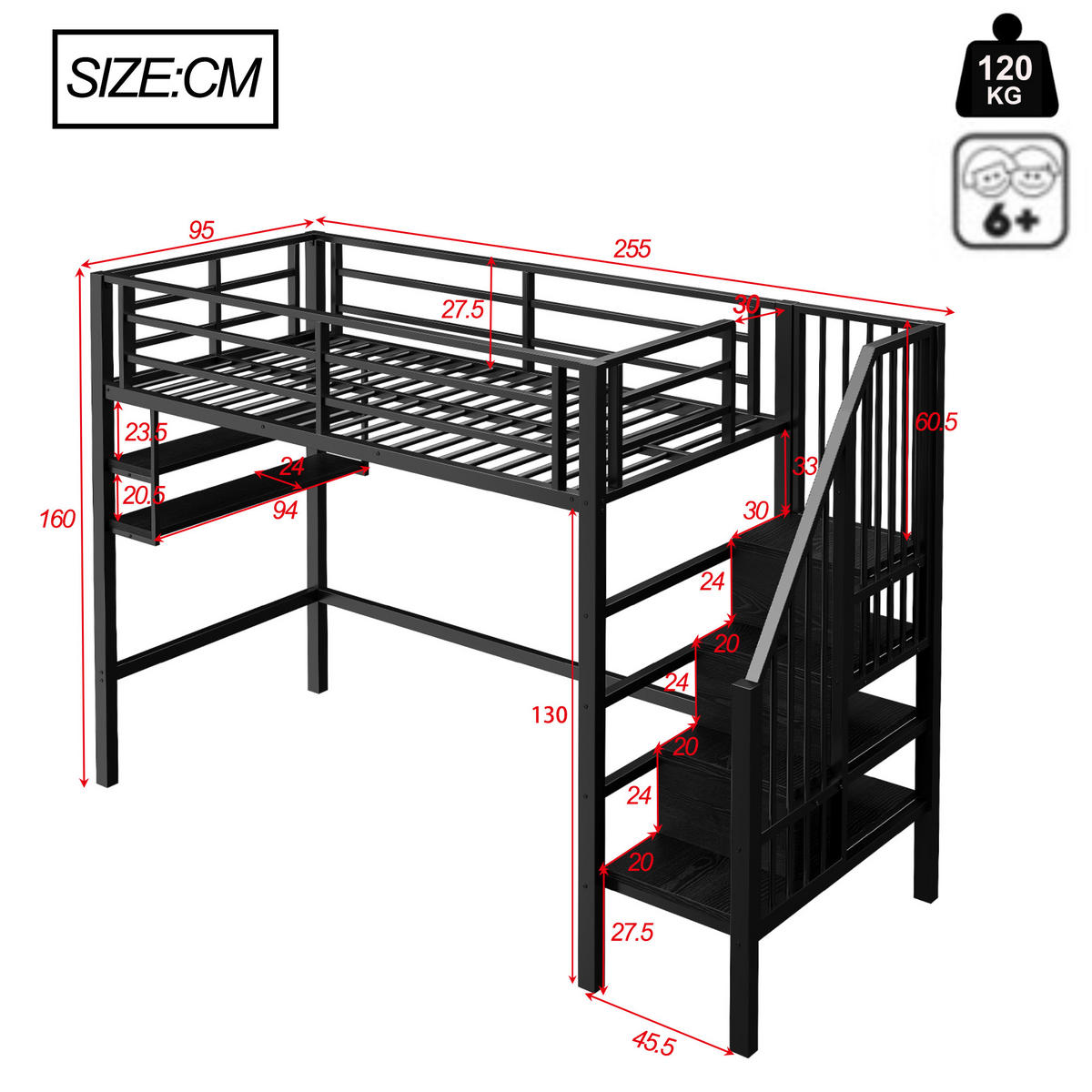 HOCHBETT 90x200cm Schwarz Einlegeböden Stauraumleiter Geländer - Schwarz, Metall (90/200cm) - FLIEKS