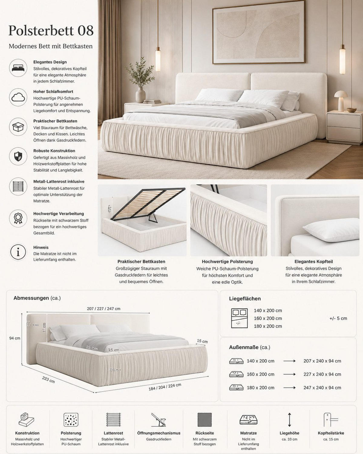 POLSTERBETT 08 140 x 200 cm – Riviera – Bett mit Gasdruckfedern und Stauraum - Anthrazit, Holz (140/200cm) - ROYAL24_MARKT