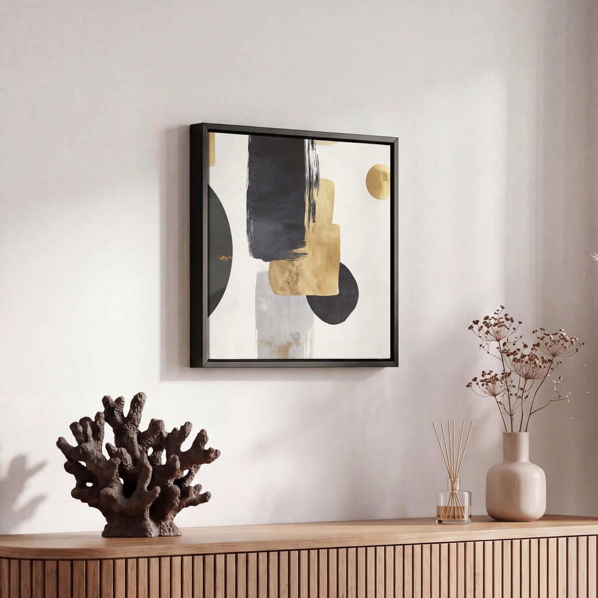 LEINWAND Bilder mit Rahmen - Gold - Rechtecke - Kreise - Abstrakt - 20x20 - Weiß, Textil (20/20cm) - MuchoWow