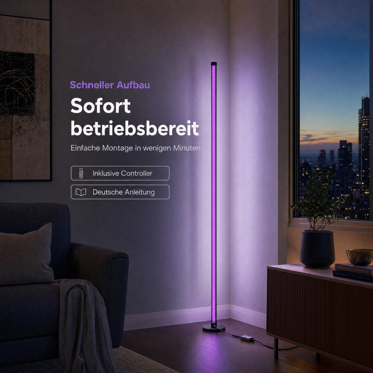 LED-ECKLAMPE - mit Fernbedienung und integriertem Musiksensor für RGB Farbeffekte in Schwarz - Schwarz, Kunststoff (15.5/15.5/147.5cm) - Northpoint