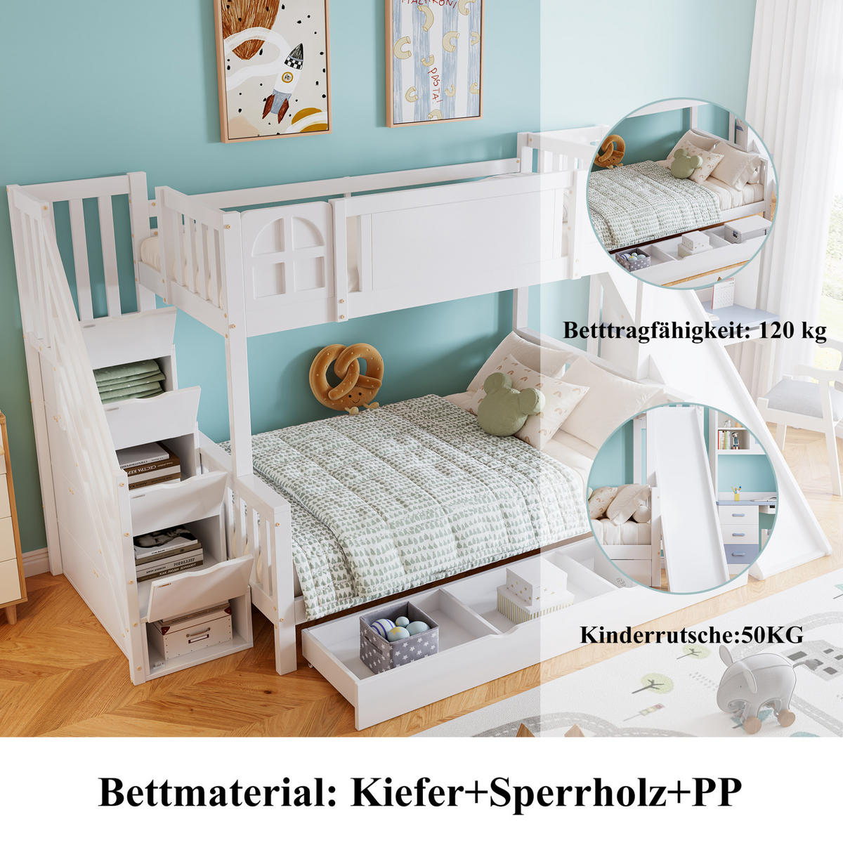 ETAGENBETT aus Kiefer und MDF 90x200/120x200 cm Weiß mit Rutsche, Stauraumtreppe und Fenstern - Weiß, Holzwerkstoff (90/200cm) - Modfu