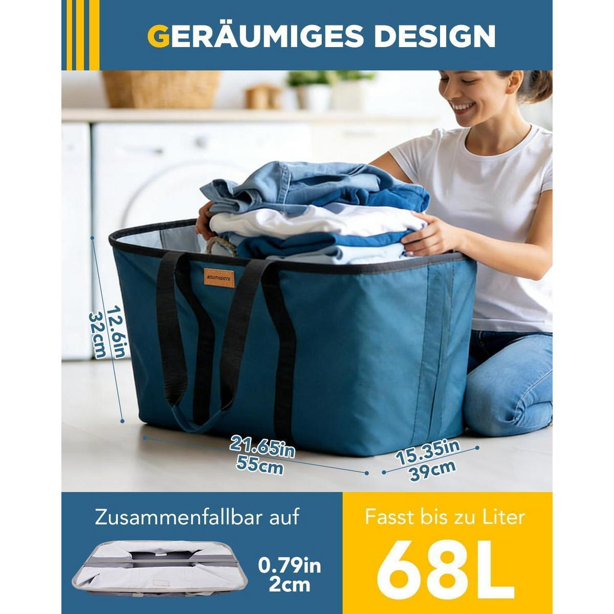 WÄSCHEKORB 2er Set Blau/Grau 68L faltbar - Multicolor, Textil (39/32/55cm)