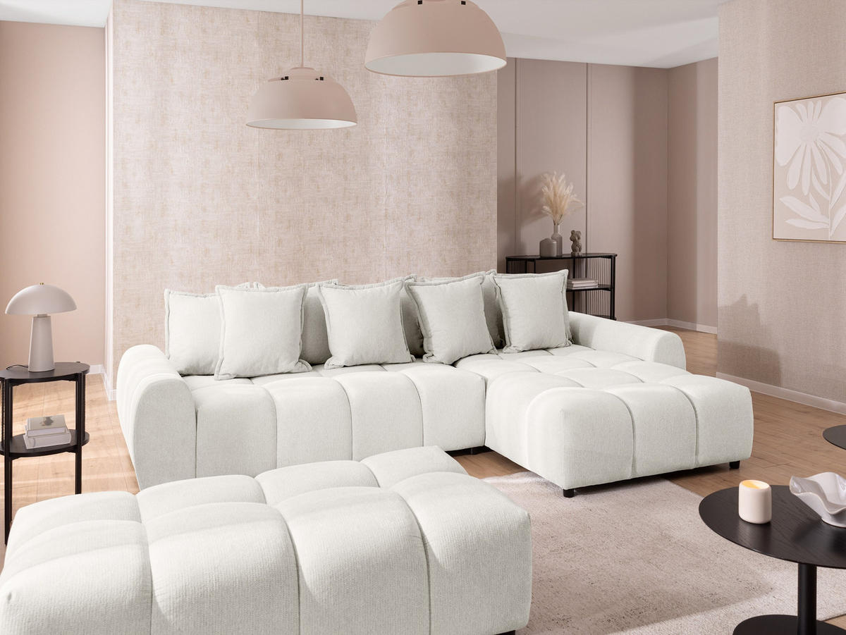 ECKSOFA inkl. Hocker Bubble mit Schlaffunktion und losen Rückenkissen, Sitzfläche in Bubble-Optik aus weichem Creme Strukturstoff - Ottomane Rechts - Creme/Schwarz, Holz/Kunststoff (306/180cm) - S-Style Möbel