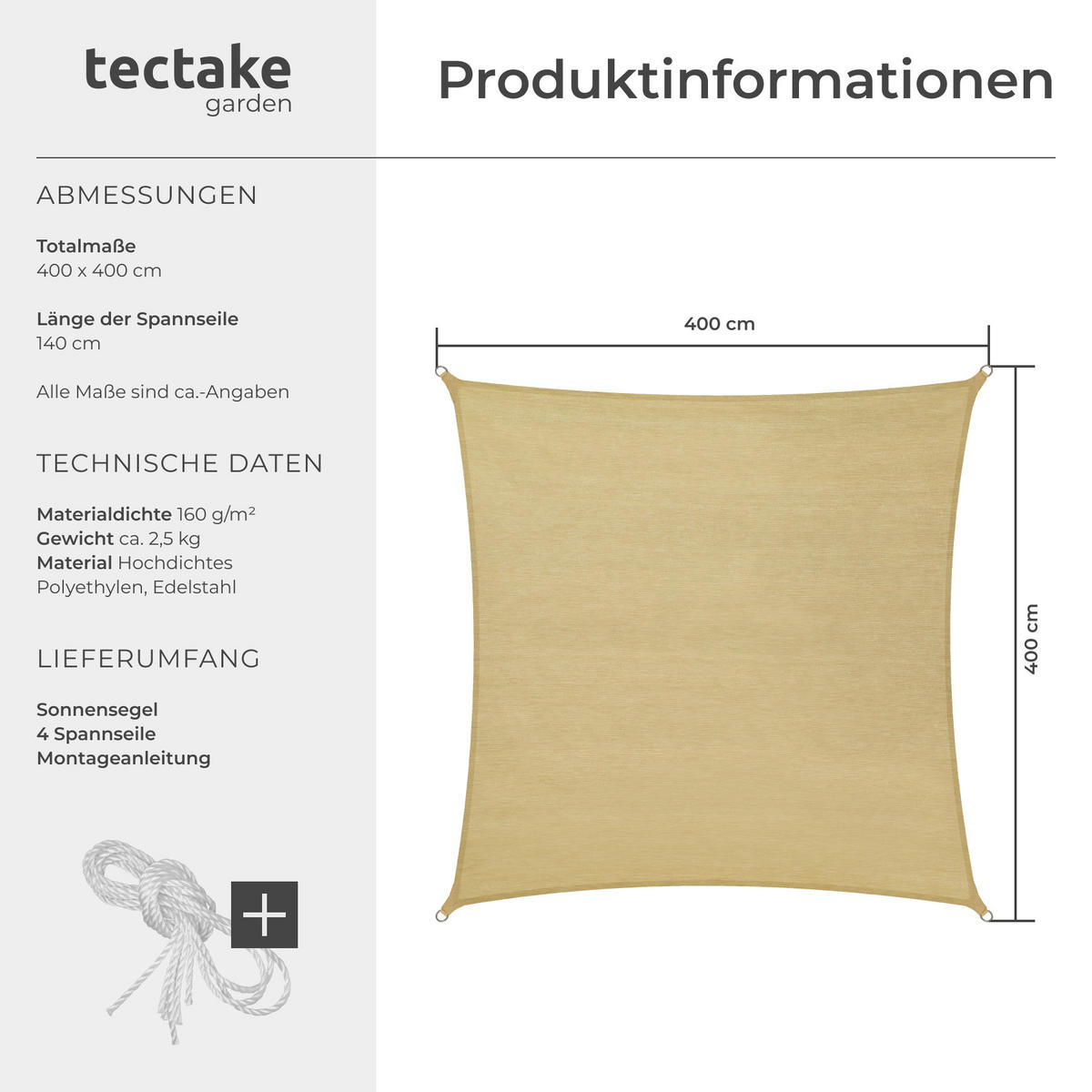 SONNENSEGEL , inklusive Spannseile, beige - Beige, Kunststoff (400/400cm) - tectake