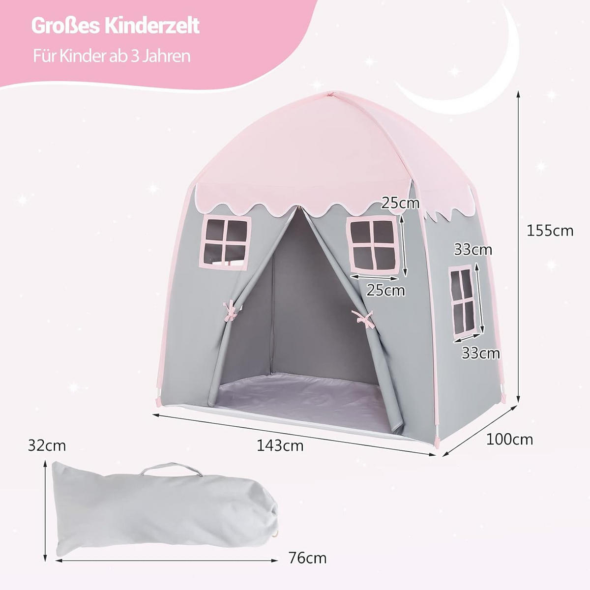 KINDERZELT 155cm Pink - Pink, Textil (100/155/143cm) - COSTWAY