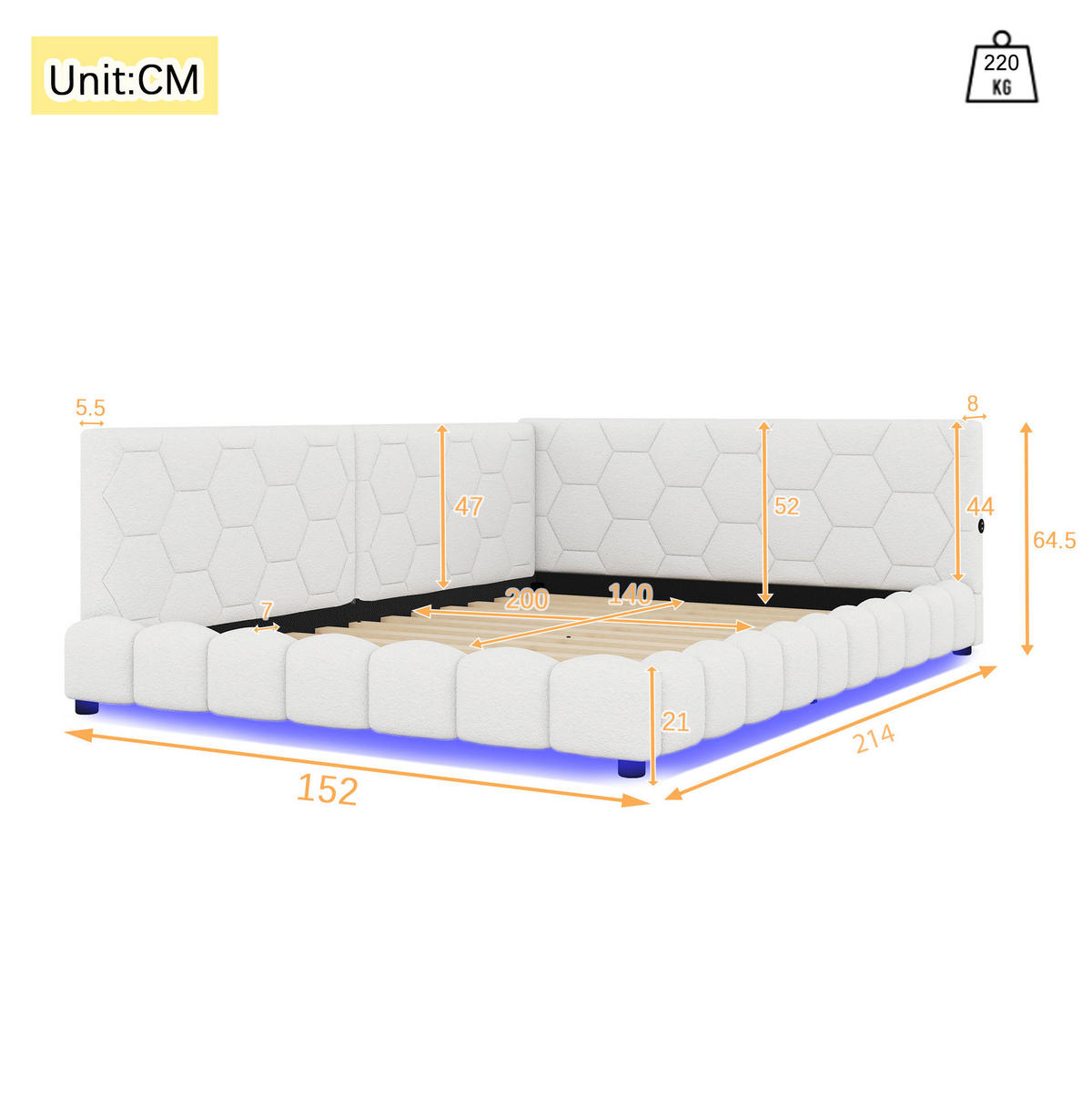 POHOVKA na spaní 140/200 cm bílá z MDF a imitace fleecu s LED osvětlením a USB - bílá, textil (140/200cm) - OKWISH