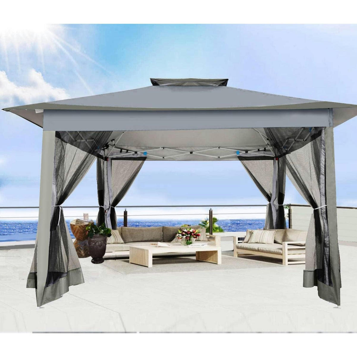 PAVILLON 3 x 3 m Dunkelgrau Wasserdicht mit Moskitonetz - Grau, Textil (365/270/365cm)