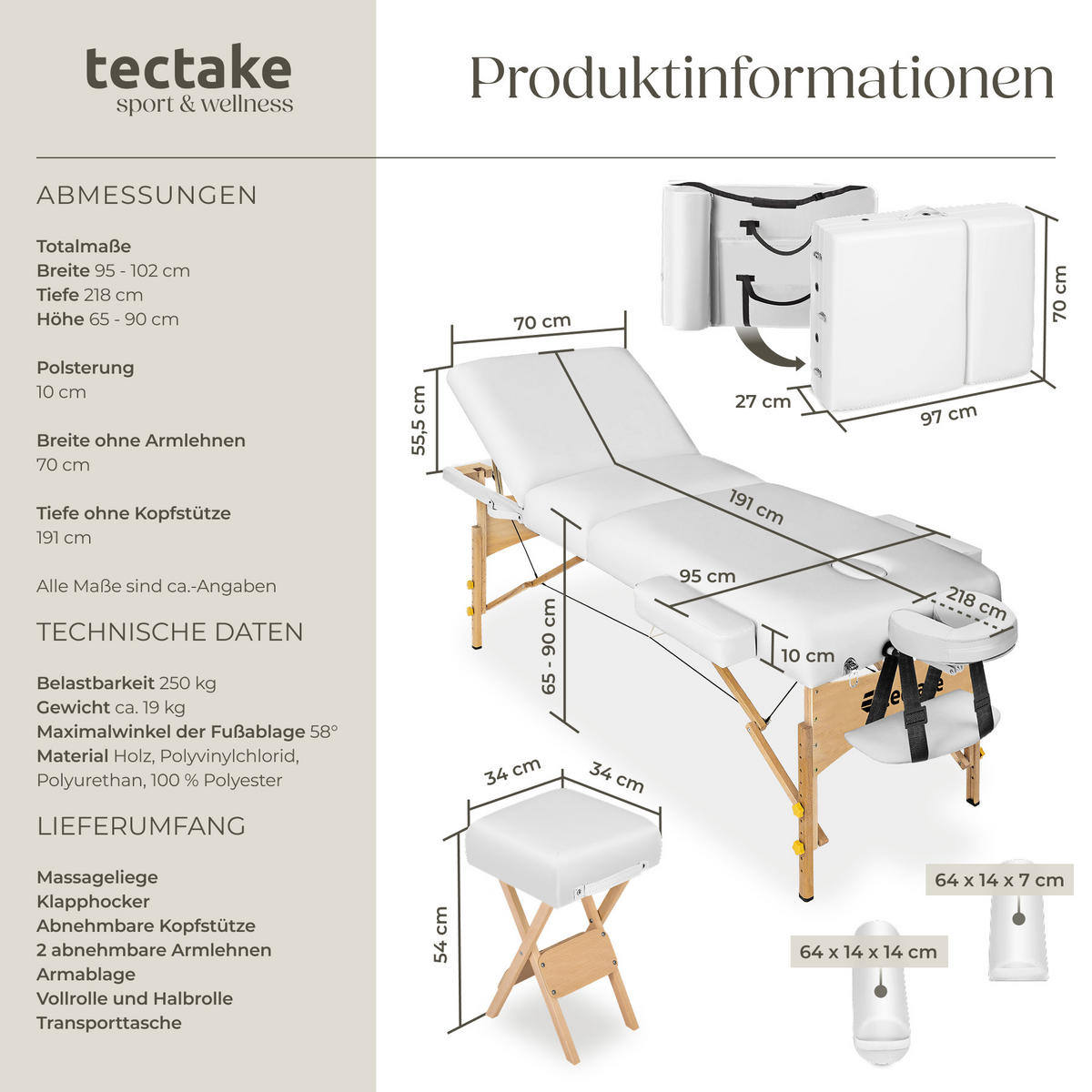MASSAGELIEGE-SET 3 Zonen, 218 x 102 x 90 cm,weiß - Weiß, Holz (102/90/218cm) - tectake