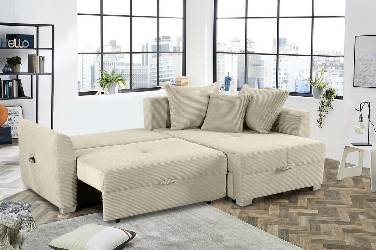 ECKSOFA mit Schlaffunktion und Bettkasten, seitenverkehrt montierbar B236/T160/H81 cm, Liegefl. 142x202 cm, Cord Grau Beige / 15201 - Chromfarben/Greige, Kunststoff/Textil (236/160cm) - luma-home