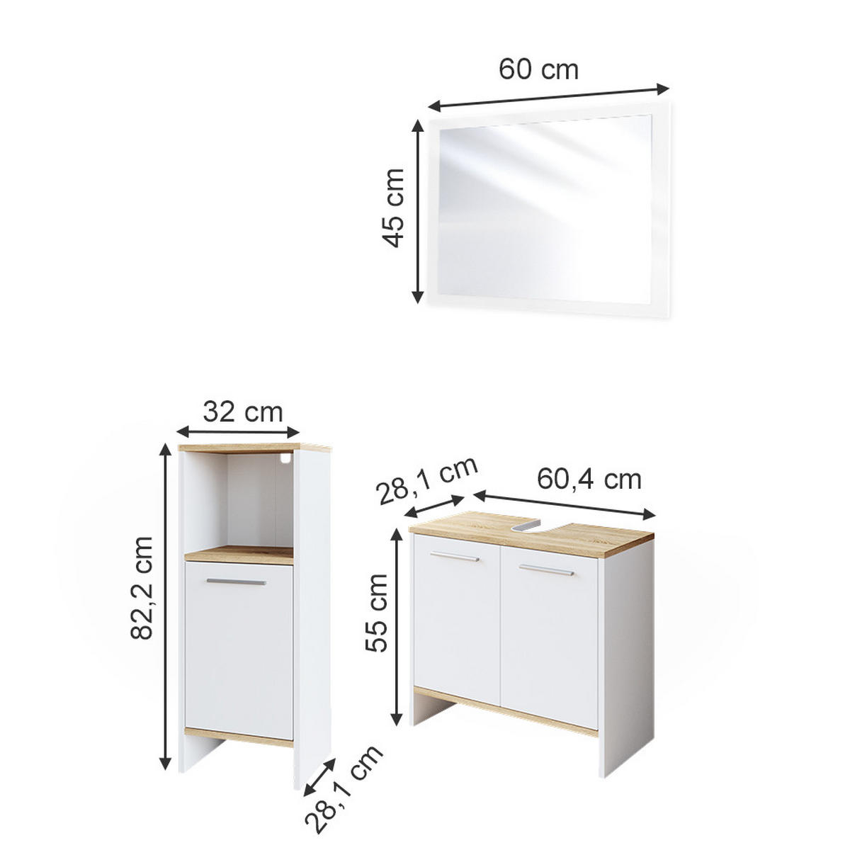 BADMÖBEL-SET Elvio Weiß 3 Teile - Weiß/Sonoma Eiche, Holzwerkstoff (60/82/28cm) - Vicco