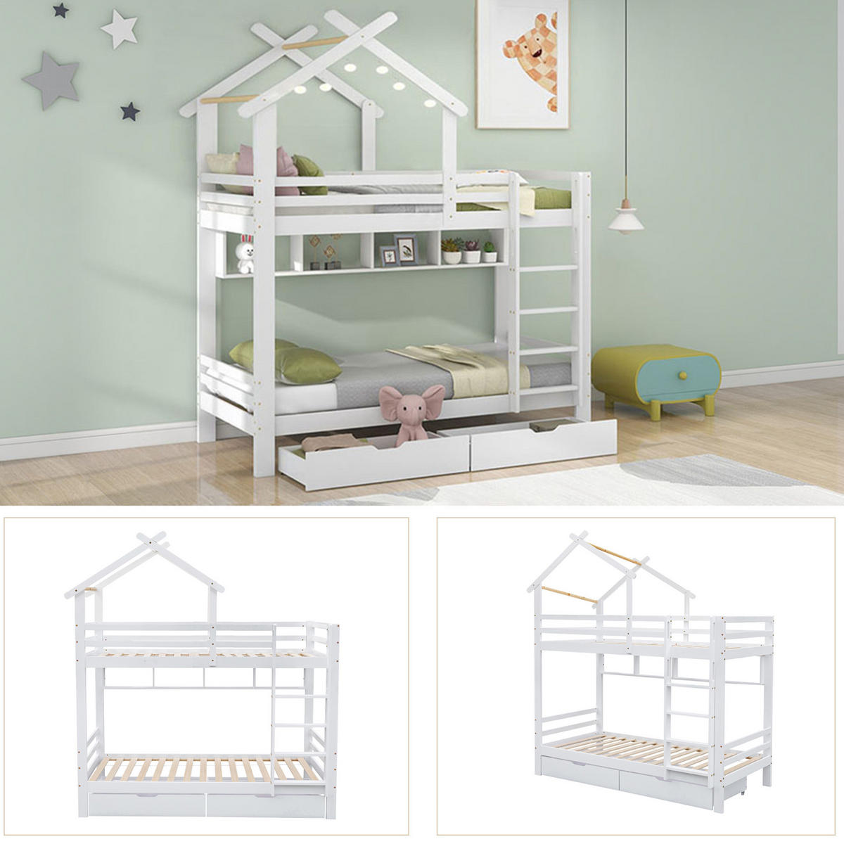 ETAGENBETT 90/200 cm, Weiß mit Schubladen und Regalen - Weiß, Holz (90/200cm) - MIVRAY