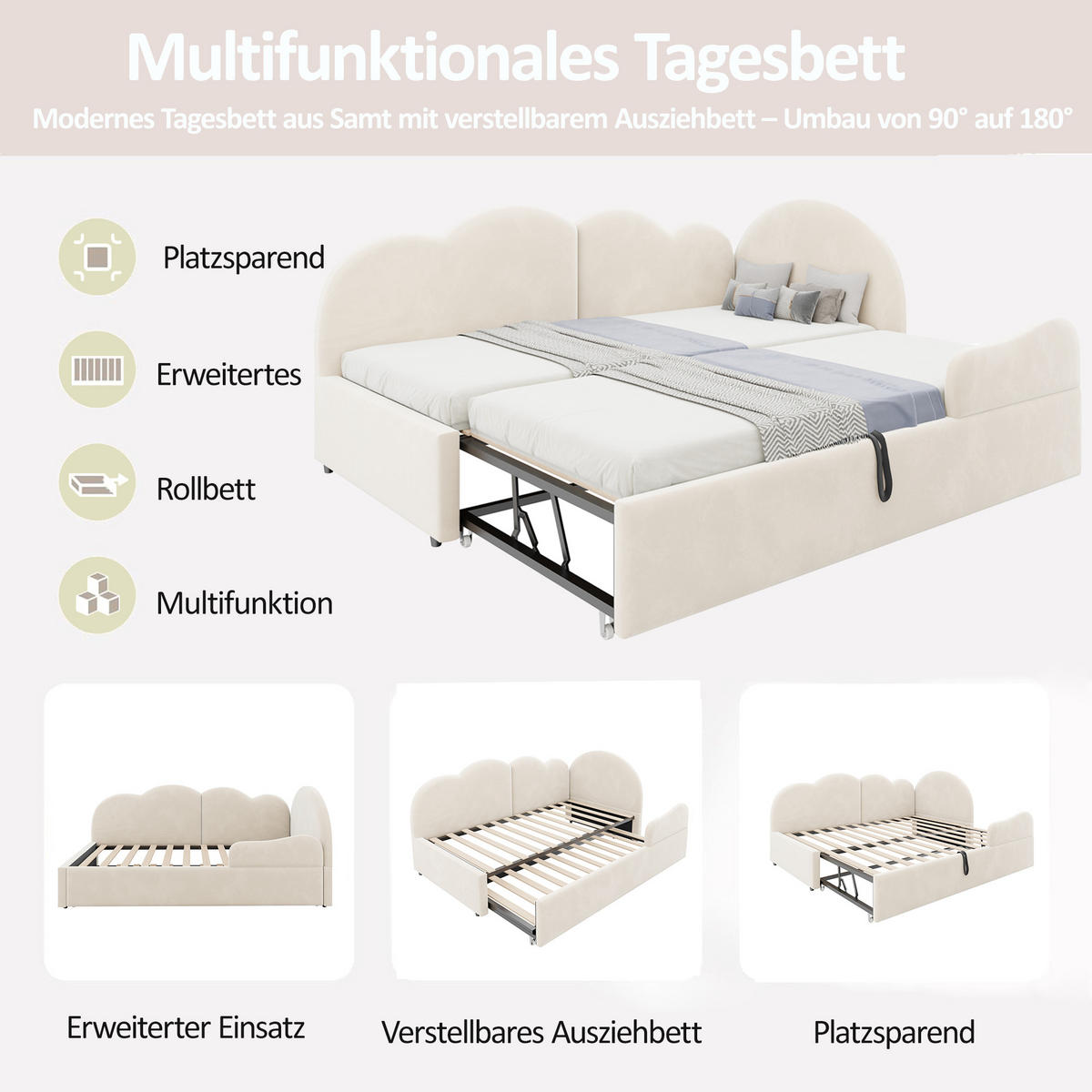 POLSTERBETT 90/200 mit Ausziehbett und Wolkenkopfteil in Beige - Beige, Holzwerkstoff/Textil (90/200cm) - EVRYAE