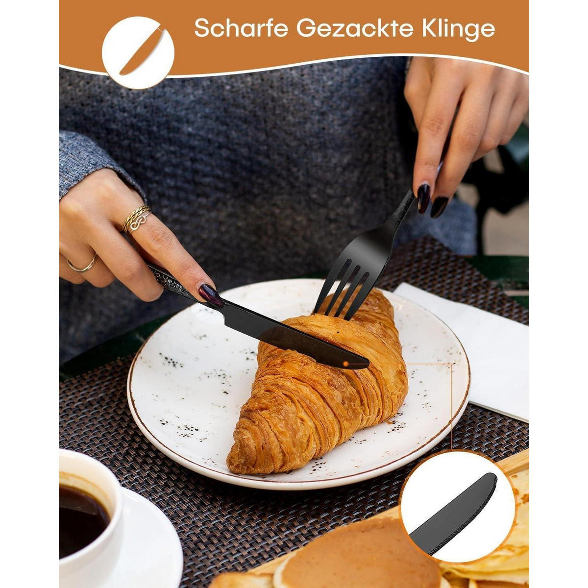 BESTECK Set 30-teilig Schwarz Gehämmert - Schwarz, Metall