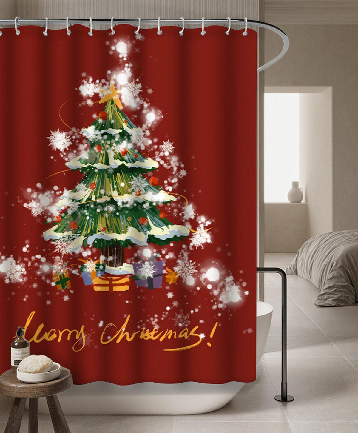 DUSCHVORHANG Rot Weihnachten 180 x 180 cm Polyester waschbar Dekoration Badezimmer mit Haken - Rot, Textil (180/180cm) - MCBOSON