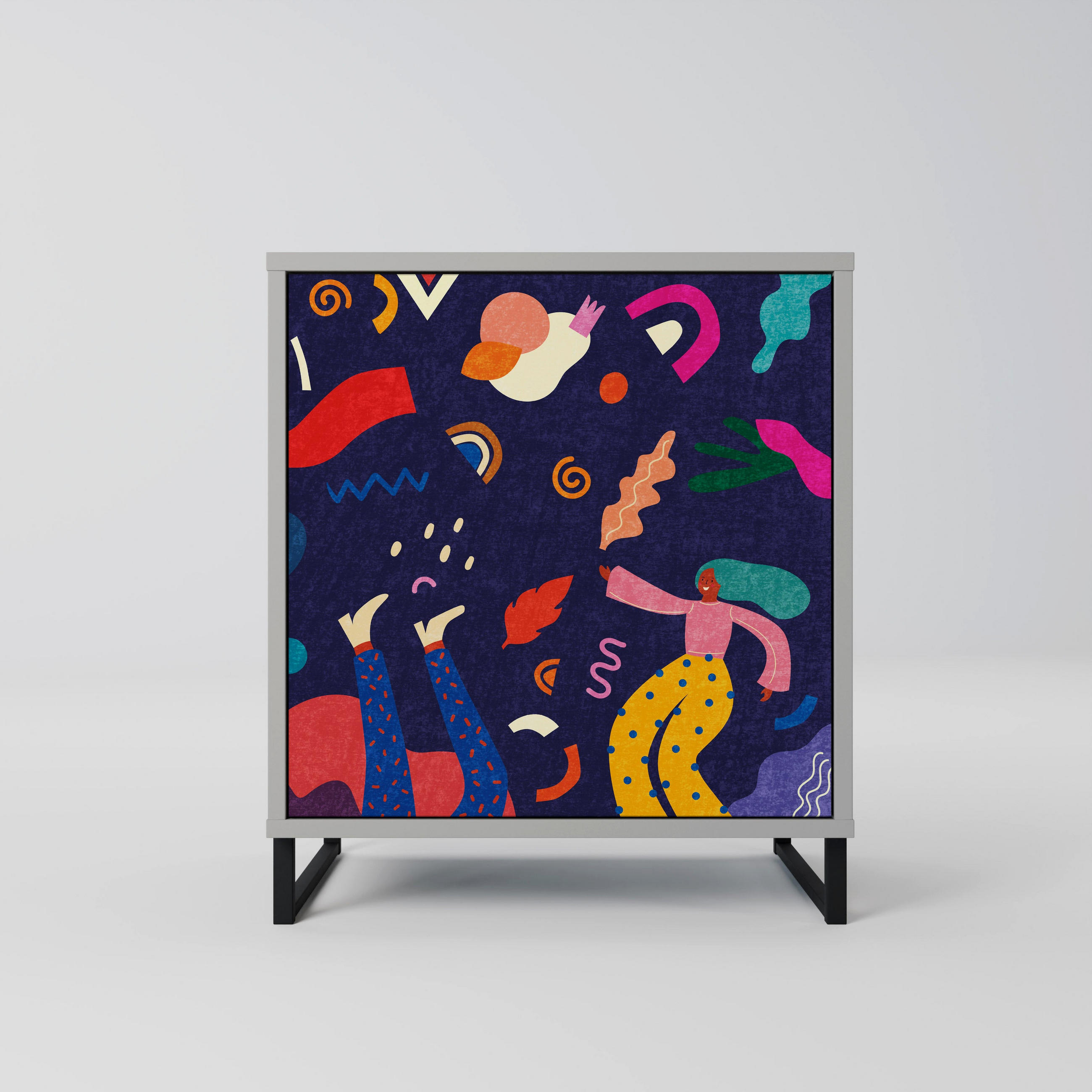 SIDEBOARD FESTIVE PLEASURES, Grau, 57,5x42x67,5 cm, Schwarze Metall-Rahmenfüße - Multicolor/Schwarz, Holzwerkstoff/Metall (57.5/67.5/42cm) - SpaceRebels