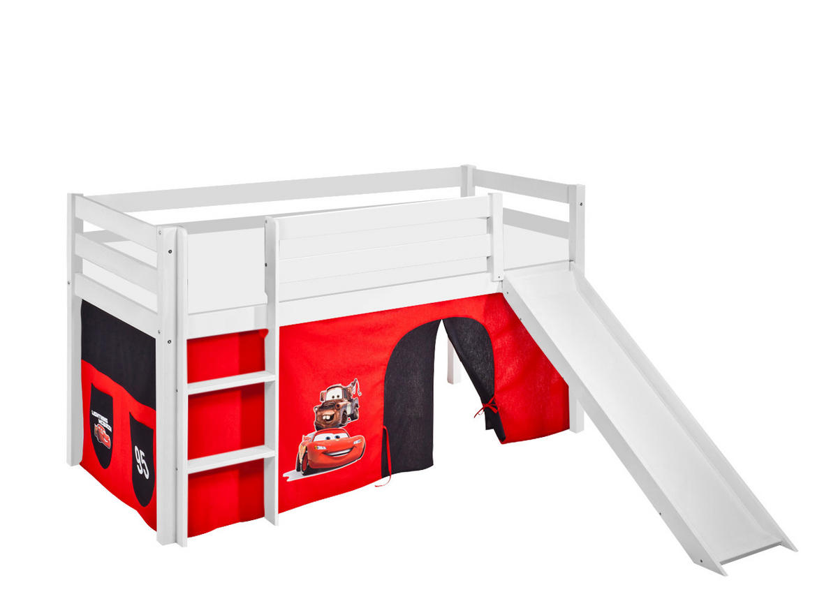 SPIELBETT JELLE Disney Cars - Hochbett - mit Rutsche und Vorhang - Weiß, Holz - Lilokids
