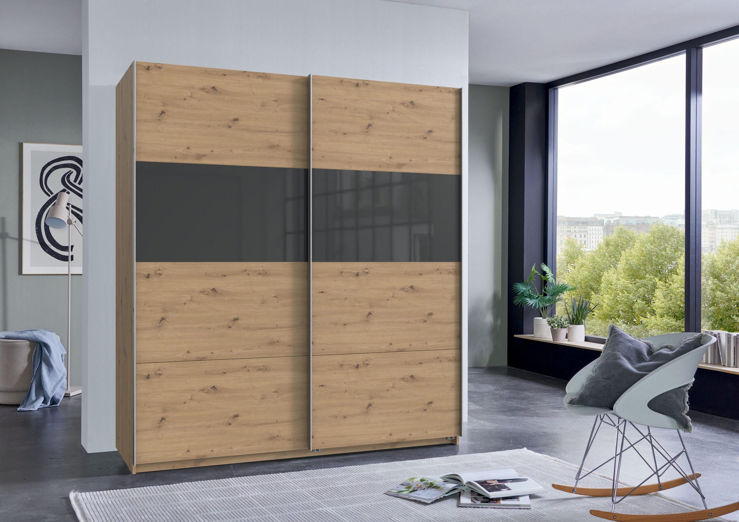 SCHWEBETÜRENSCHRANK Bramfeld in Artisan Eiche mit Grey Glas 180 x 198 x 65 cm (B x H x T) Kleiderschrank - Braun, Holzwerkstoff (80/200/120cm)