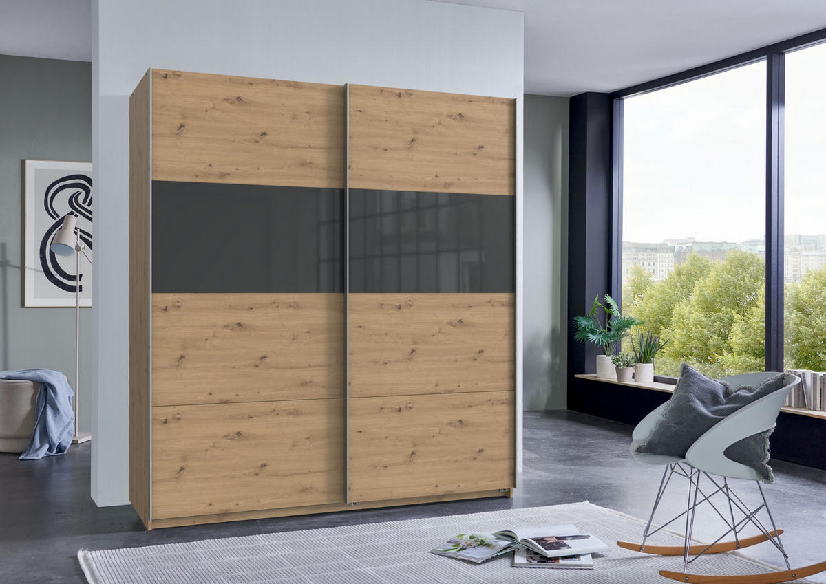 SCHWEBETÜRENSCHRANK Bramfeld in Artisan Eiche mit Grey Glas 180 x 198 x 65 cm (B x H x T) Kleiderschrank - Braun, Holzwerkstoff (80/200/120cm)