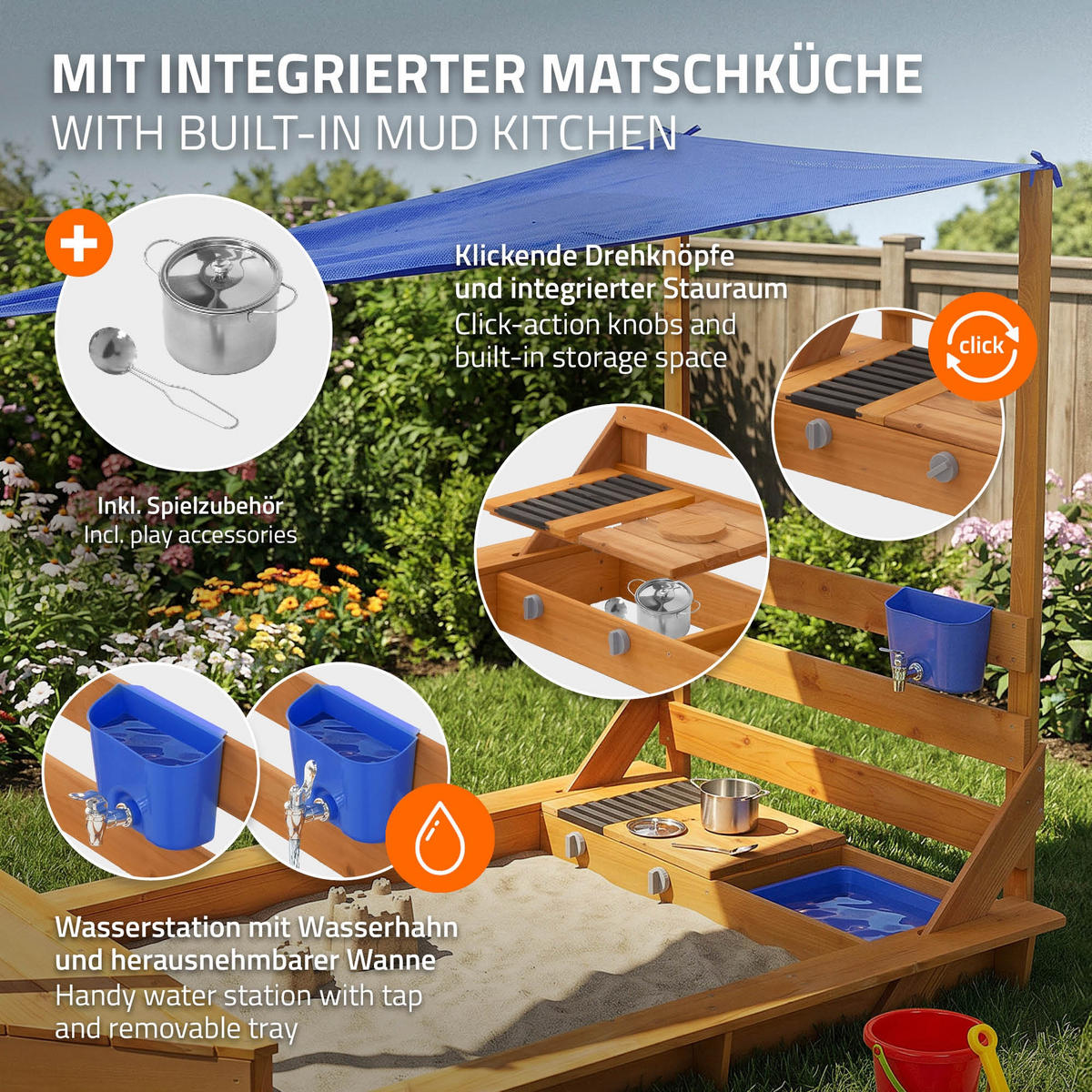 SANDKASTEN mit Dach und Matschküche aus Massivholz 101x163 cm - Braun, Holz (101/163/120.5cm) - ML-DESIGN