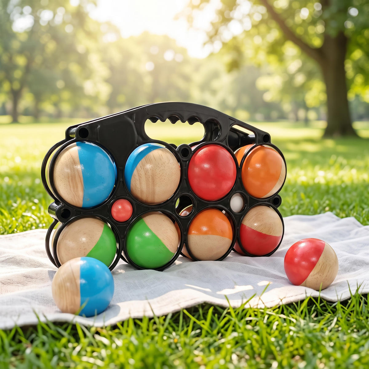 KOULE Barevné 8dílný-Set dřevo s přepravním košíkem - různobarevná, dřevo/plast (28/7cm) - Relaxdays