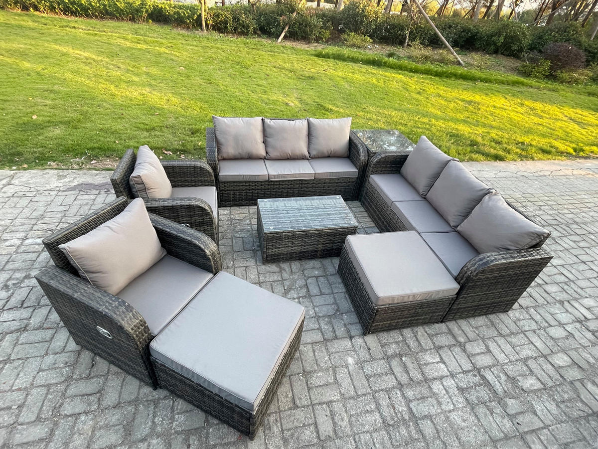 GARTENMÖBEL-SET mit Kissen Polyrattan Dunkelgrau 10-Sitzer - Dunkelgrau/Grau, Glas/Kunststoff - Fimous