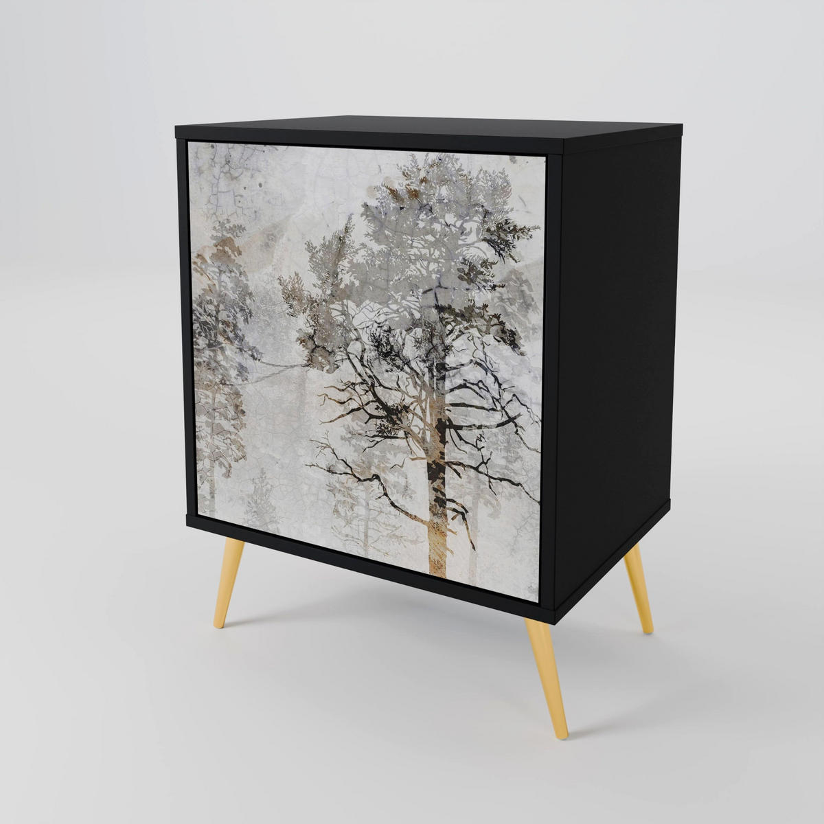 SIDEBOARD FADE IN THE TREES, Schwarz, 57,5x42x72,5 cm, Schwarze Metallfüße - Multicolor/Schwarz, Holzwerkstoff/Metall (57.5/72.5/42cm) - SpaceRebels