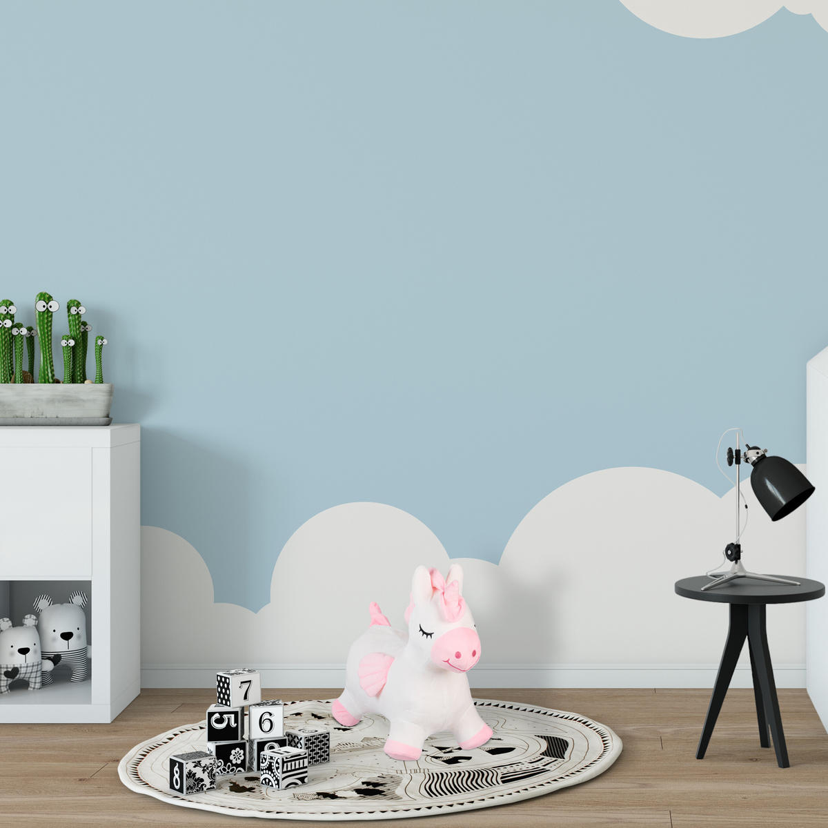 SKÁKADLO Bílé Růžové jednorožec nafukovací s plyšovým potahem - bílá, textil/plast (52/27/48cm) - Relaxdays