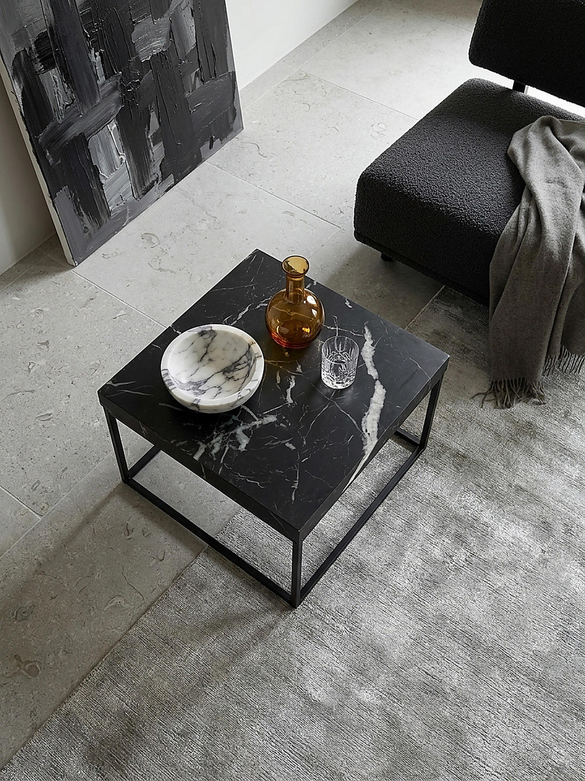 COUCHTISCH in Stein-Optik mit Metallbeinen im modernen Design, Schwarz 60x60x38 cm - Schwarz, Holzwerkstoff/Metall (60/60/38cm) - KADIMA DESIGN