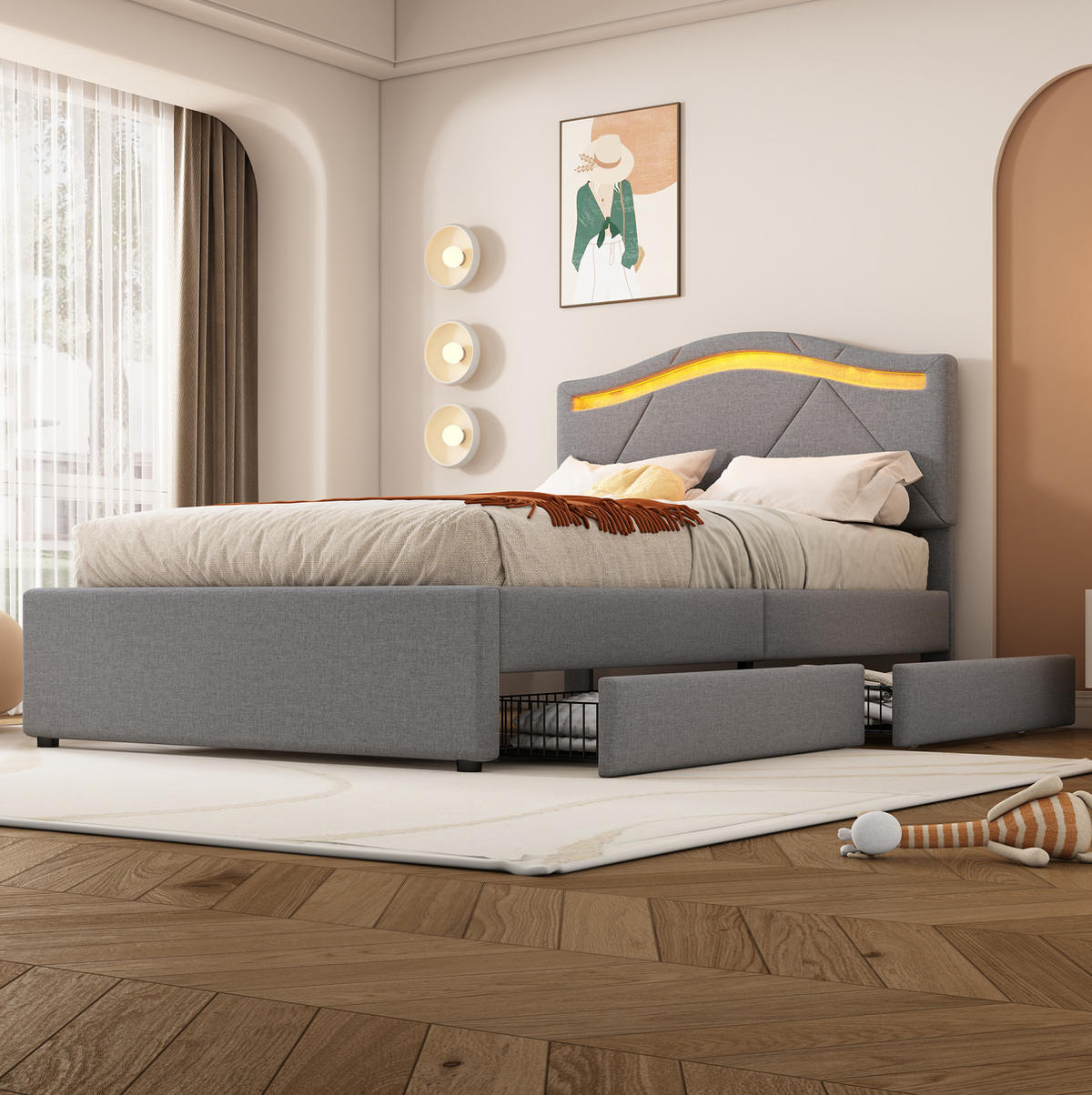 POLNJENA postelja iz lanu in MDF 90x200 cm siva z letvenim dnom, LED osvetlitvijo, 2 predaloma in nastavljivim vzglavjem - siva, tekstil (90/200cm) - Modfu