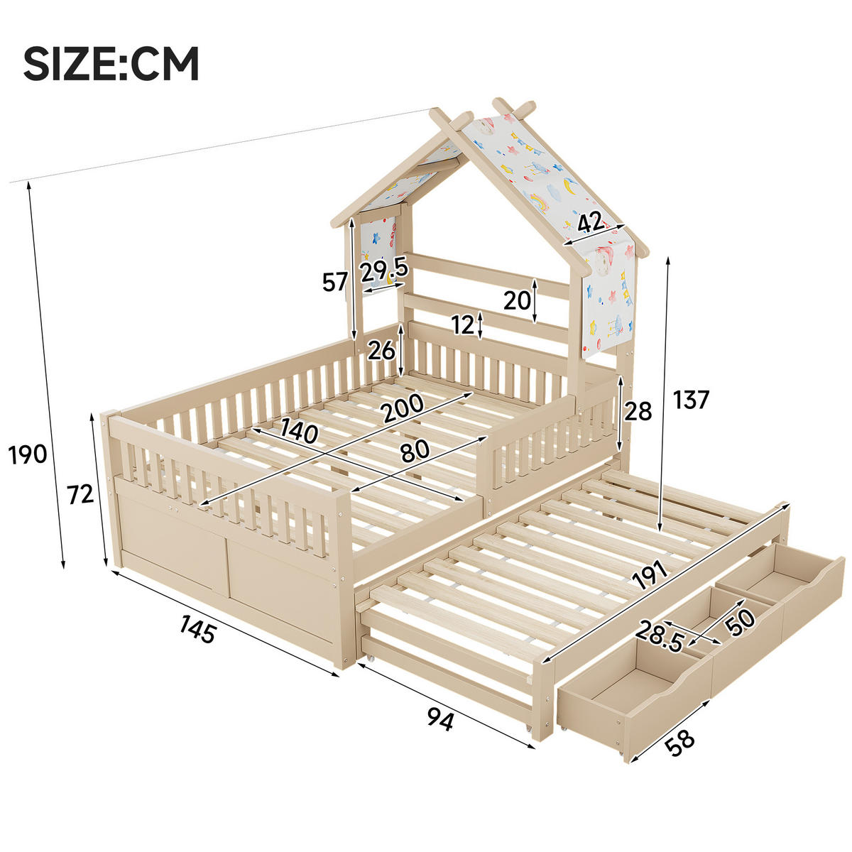 HAUSBETT 140 x 200 cm mit Ausziehbett, Cream - Creme, Holz (140/200cm) - KOMHTOM