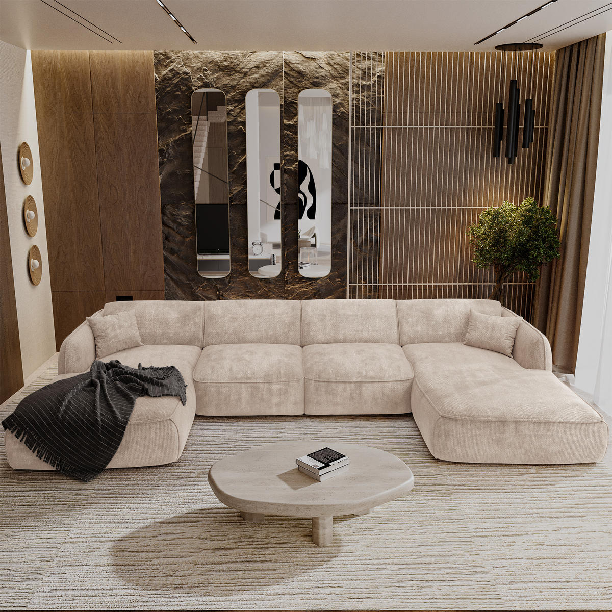 WOHNLANDSCHAFT Rastervelours Creme 346cm - Creme, Textil (346/76/166cm) - Sia Home