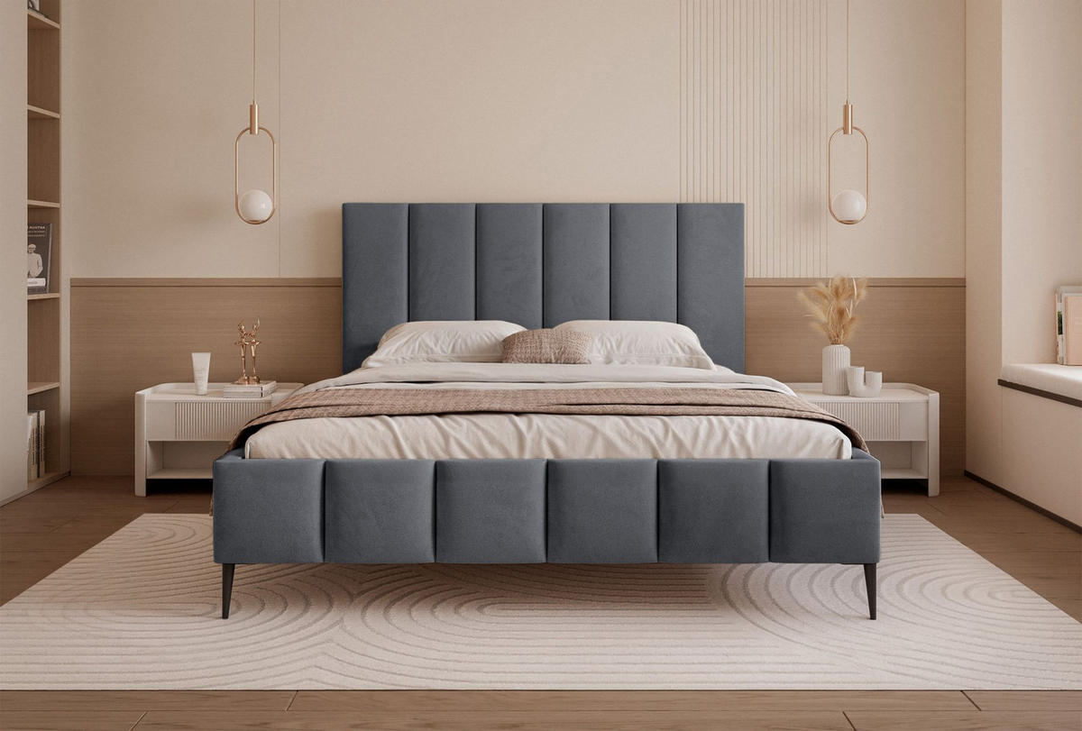 POLSTERBETT Sarafino Dunkelgrau Samt 140x200 cm - Dunkelgrau/Schwarz, Textil/Metall (140/200cm) - Selsey