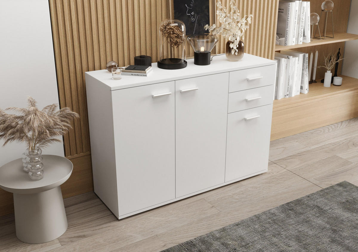 KOMMODE London LMK 3D2S mit 3 Türen, Sideboard in Farbe: Weiß, Größe: 106 x 75 x 35 cm - Weiß, Holzwerkstoff (106/75/35cm) - O-Sofa