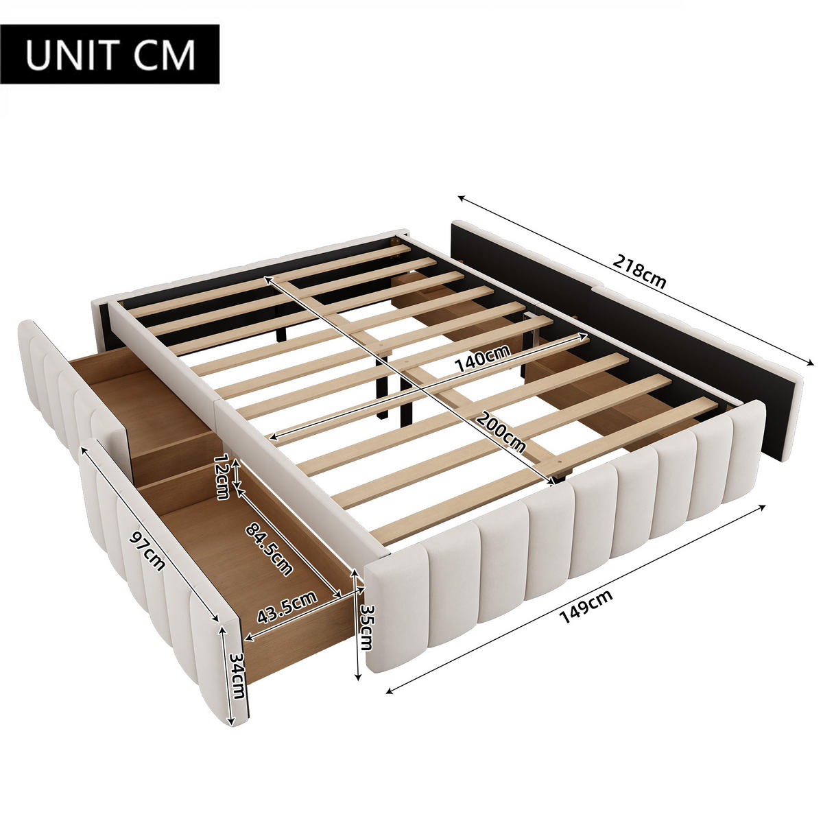 POLSTERBETT 140x200cm Beige minimalistisch ohne Kopfteil - Beige, Holz (140/200cm) - FLIEKS