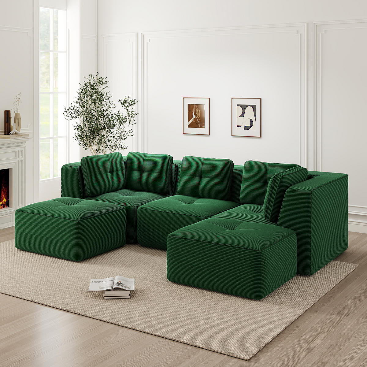 3-SITZER Sofa 297x177x69 cm aus Cordstoff rahmenlos modular mit 2 Ottomans, grün - Grün, Textil (177/69/297cm)