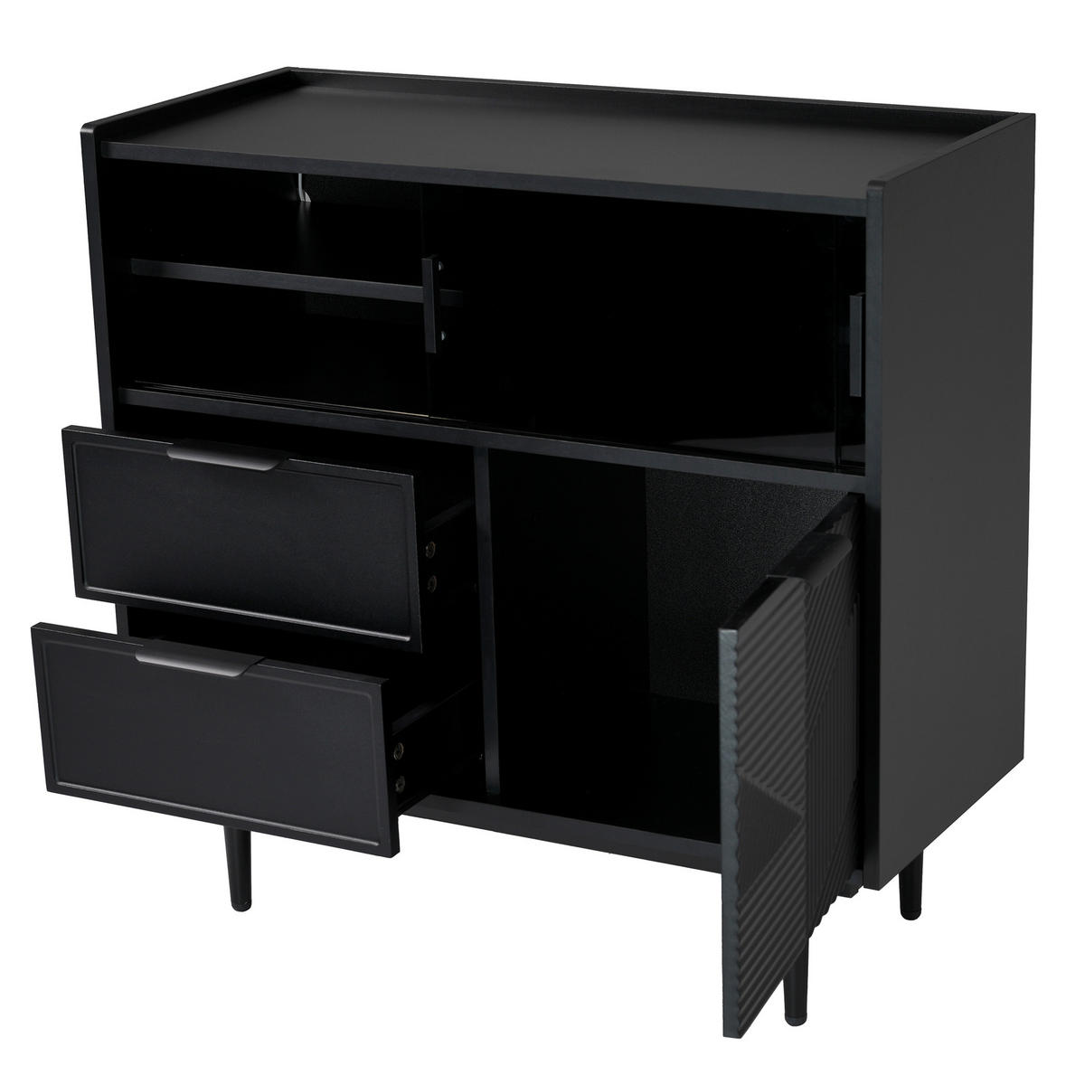 SIDEBOARD 80/35/80 cm mit Glasschiebetür, einstellbarer 16-Farben LED-Leiste, MDF, Schwarz - Schwarz, Holzwerkstoff (80/80/35cm) - Redom