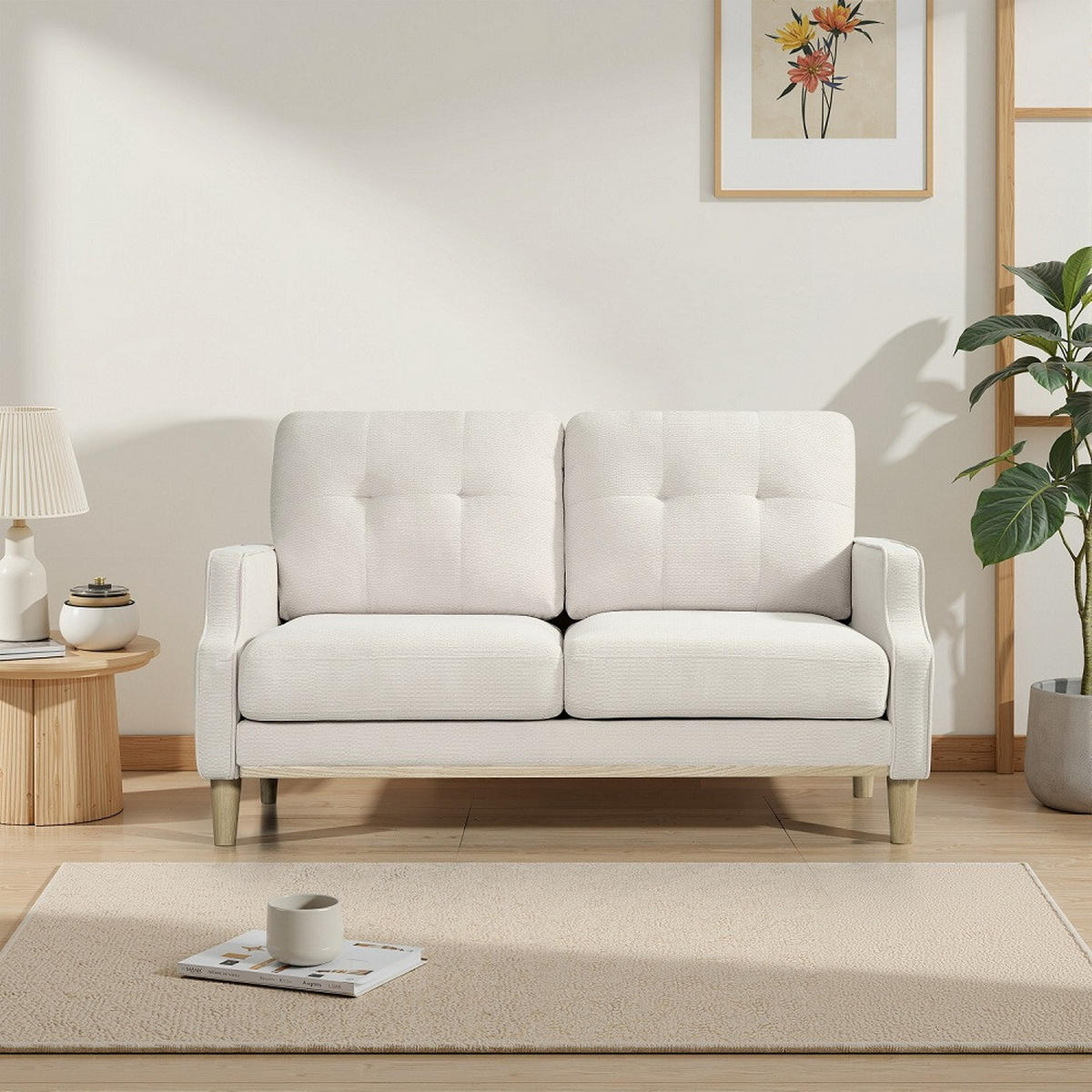 2-SITZER SOFA Polyester Beige mit USB - Beige, Holz/Holzwerkstoff (135/85/72cm) - WISHDOR