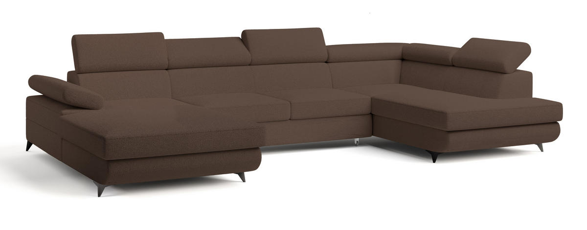 WOHNLANDSCHAFT RUBANO R-S Braun Boucle-Stoff mit Schlaffunktion - Braun, Holz (339/89/190cm) - MASSENO