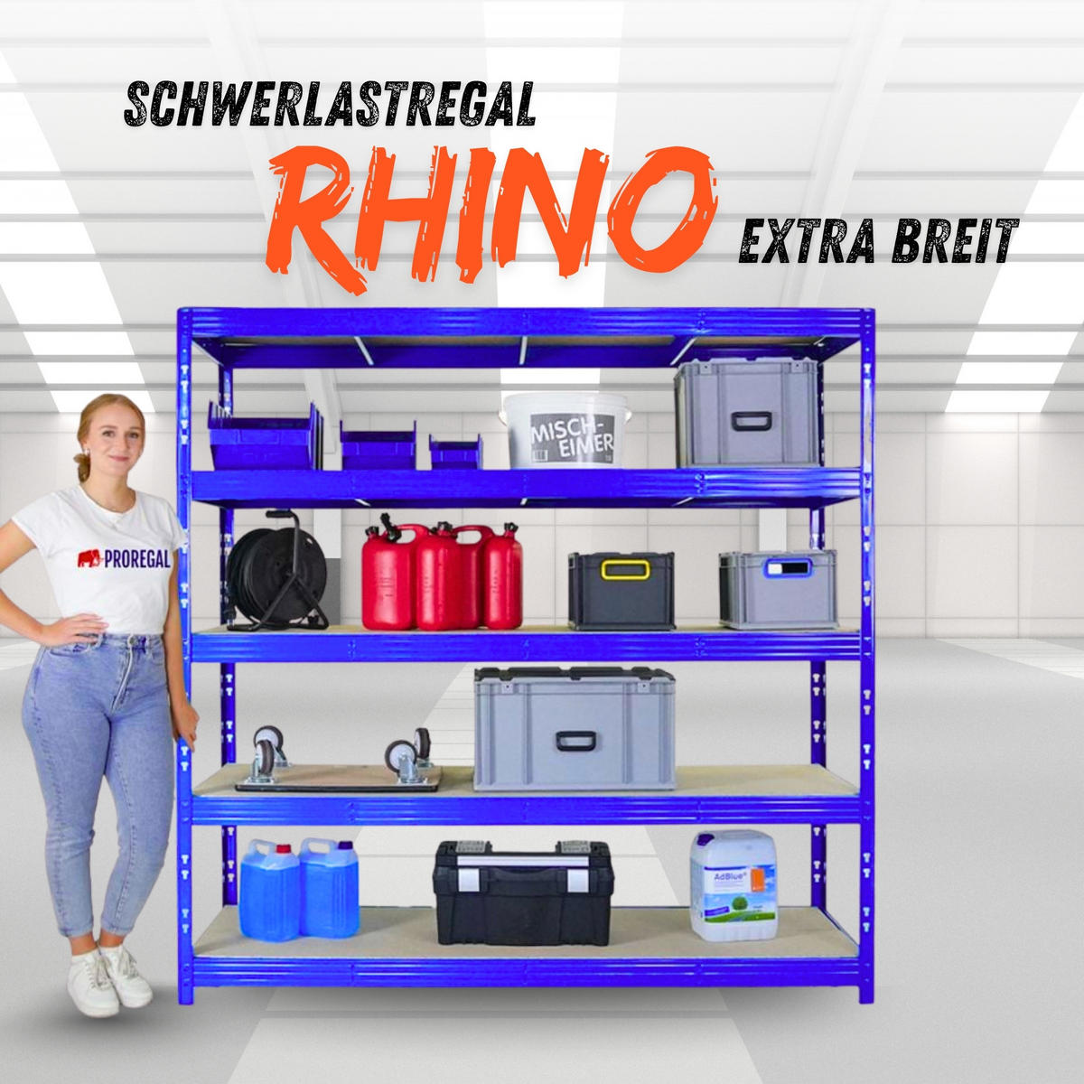 SCHWERLASTREGAL Rhino 200x200x60 cm 5 Spanplatten-Ebenen 8mm Fachlast 500 kg Blau - Blau, Metall (200/200/60cm) - PROREGAL