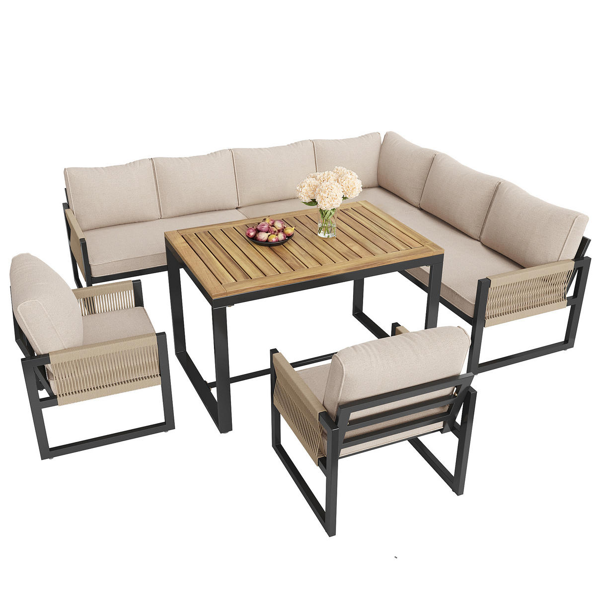 GARTENESSGRUPPE Beige 8 Personen modular mit handgewebten Seilen - Beige, Metall - PANGIVO