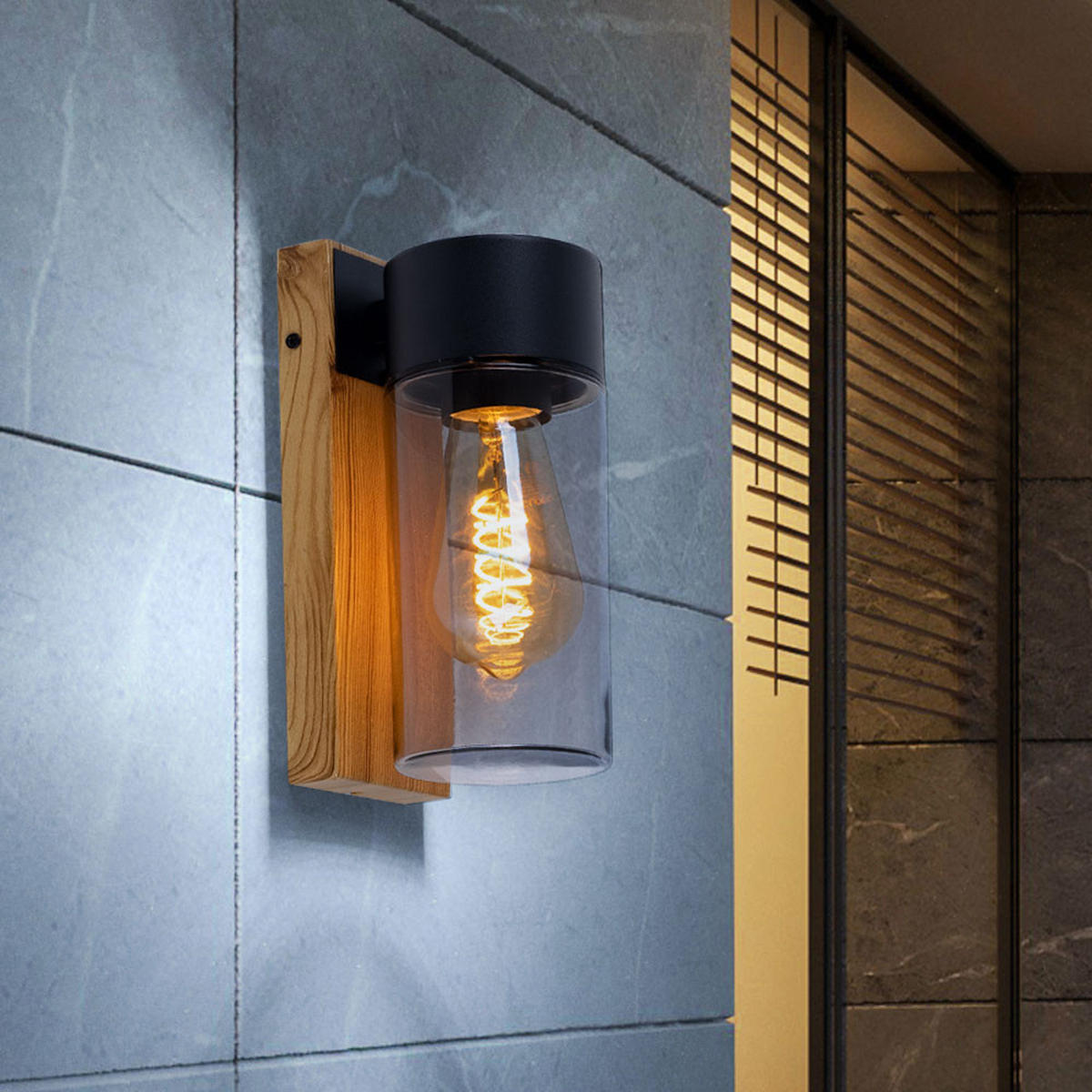 LED AUSSEN-WANDLEUCHTE Edelstahl Schwarz Holzoptik - Schwarz, Glas (9/22.5/12.4cm) - Globo Lighting