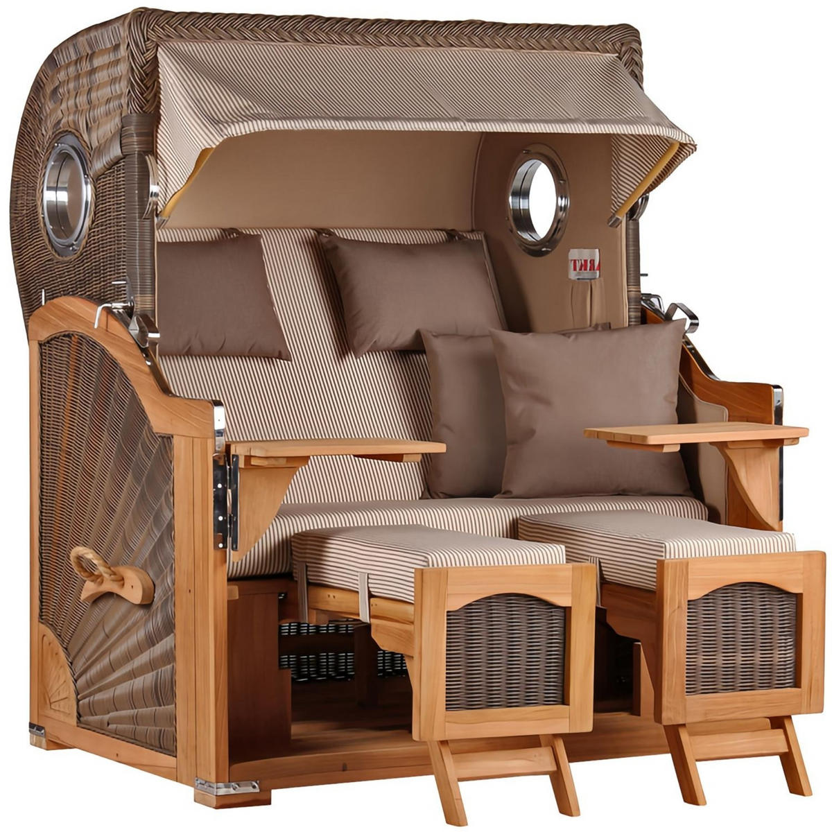 STRANDKORB Düne Grande Bullauge Teak PE Grey Dessin 510 - Beige/Braun, Metall (142/170/95cm) - Mr. Deko