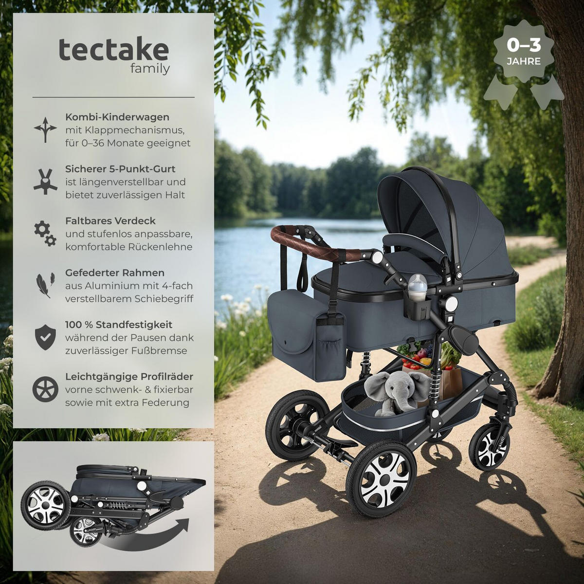 KOMBI-KINDERWAGEN Mats,für 0 bis 36 Monate geeignet, Belastbarkeit 15 kg,anthrazit - Anthrazit, Kunststoff (100/63/120cm) - tectake