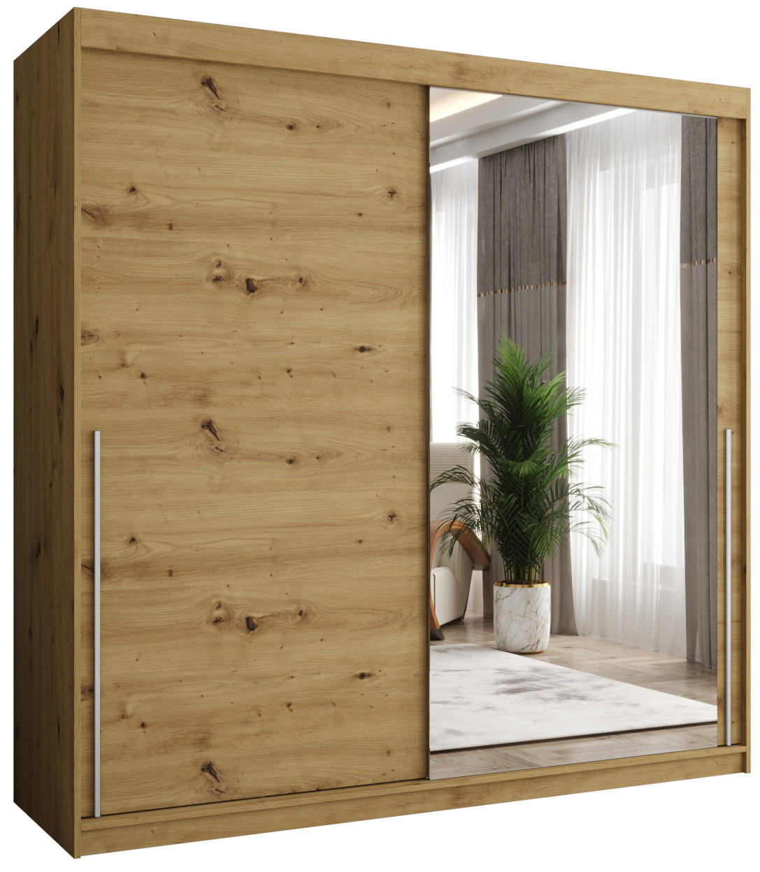 SCHIEBETÜRENSCHRANK mit Spiegel 200 cm Breite Artisan mit silbernem Griff - Silberfarben/Eiche Artisan, Holzwerkstoff (250/200/62cm) - Home Collective
