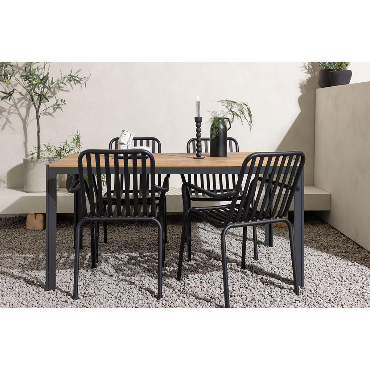 GARTENSET, Break, Tisch Natur, Stühle Schwarz, Metall, 90 x 150 x 74 cm, 5-teilig - Naturfarben, Metall - ebuy24