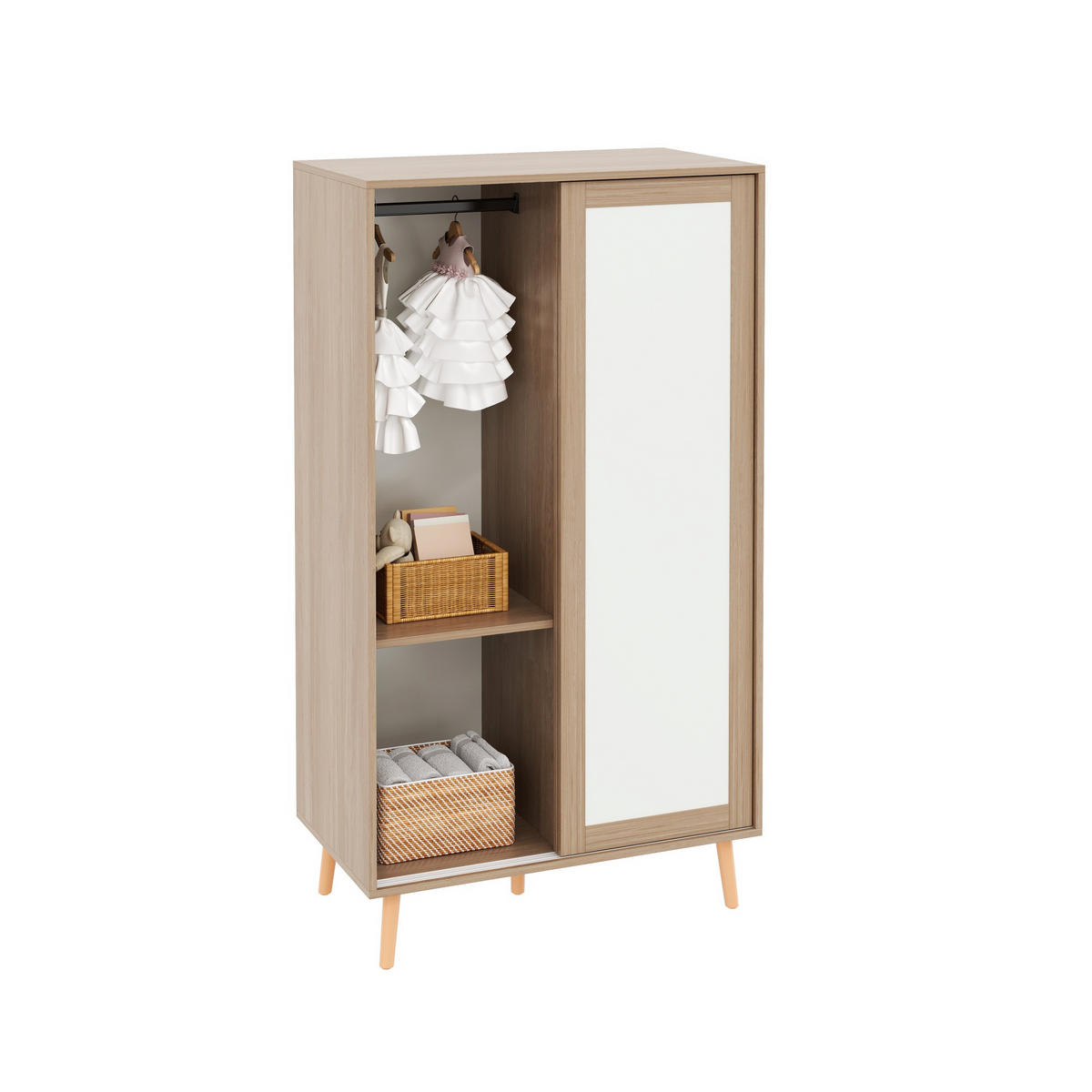 KINDER-KLEIDERSCHRANK 80x46x141.5cm Weiß + Natur Schiebetüren Massivholzfüße - Multicolor, Holz (46/141.5/80cm) - FLIEKS